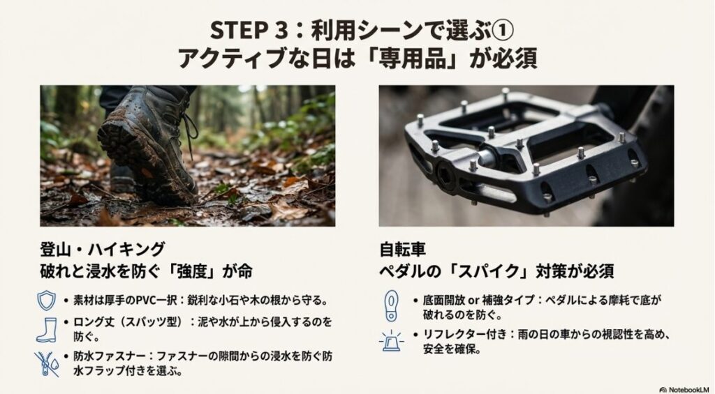 泥だらけになる登山シーンと、スパイク付きペダルを使用する自転車シーン。強度が求められるアクティブな利用例。