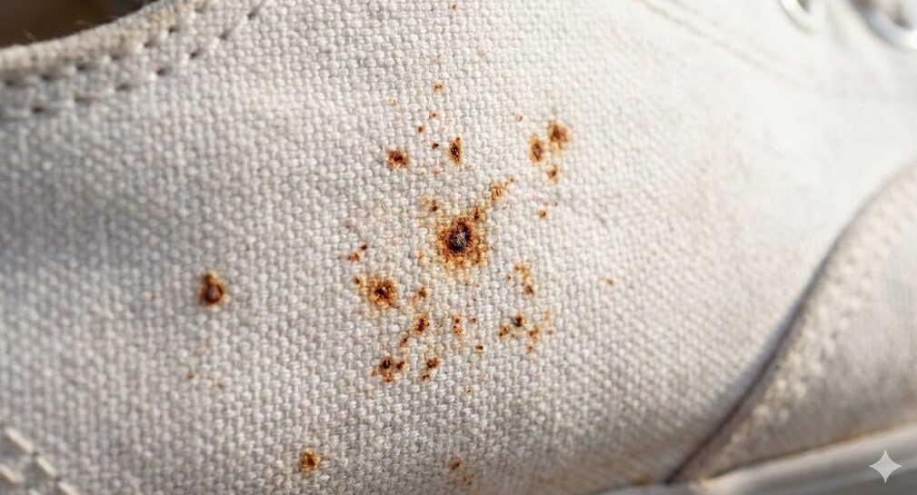 白いキャンバススニーカーの生地表面に浮き出た、赤茶色の点状のサビ汚れの拡大写真