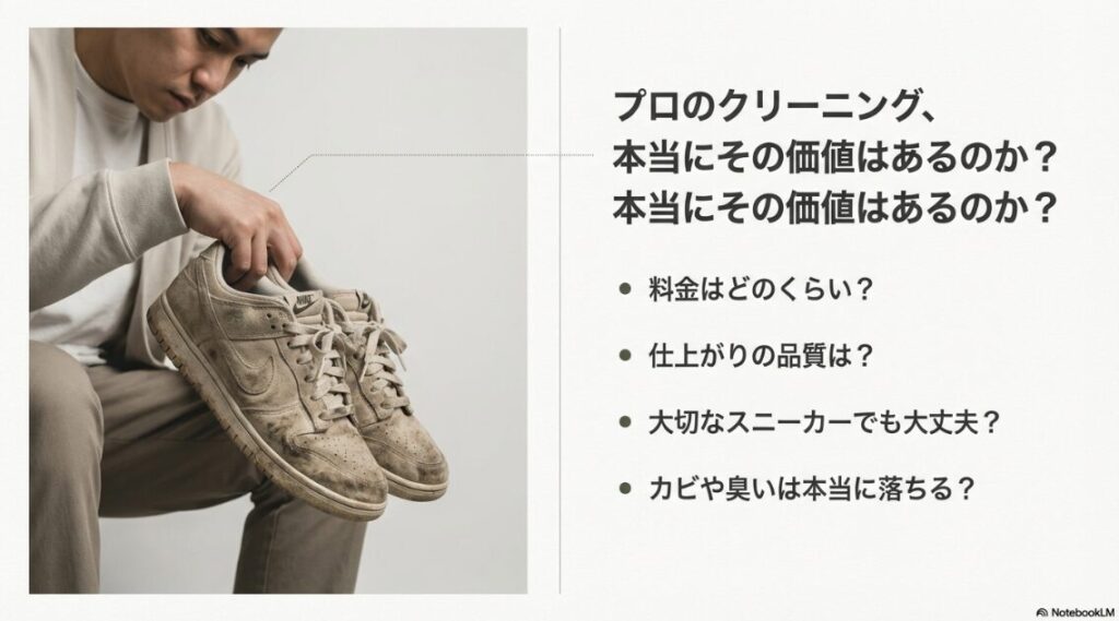 汚れたナイキのダンクローを手に見つめる男性と、「プロのクリーニング、本当にその価値はあるのか？」という問いかけのキャッチコピー。
