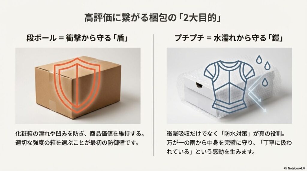 段ボールは衝撃から守る「盾」、プチプチは水濡れから守る「鎧」として機能し、商品価値を維持することを説明したイメージ図。