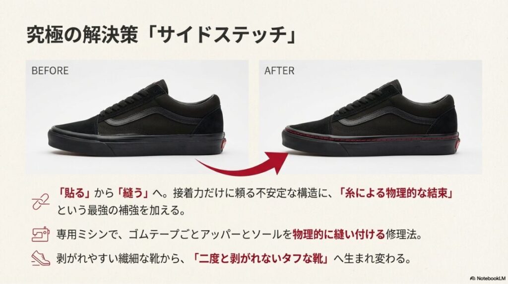 VANSのソール剥がれに対し、サイドステッチ（オパンケ縫い）を施す前と後の比較画像。縫い目が入ることで補強されている様子。
