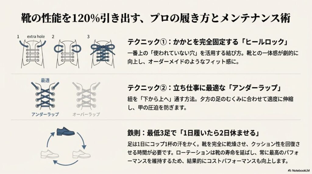 かかとを固定するヒールロック（ダブルアイレット）と、むくみに対応するアンダーラップの結び方手順のイラスト解説