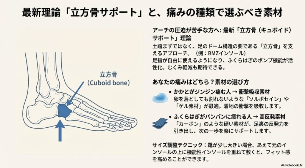 足の立方骨の位置図解と、かかとの痛み（衝撃吸収素材）やふくらはぎの疲れ（高反発素材）に応じたインソールの選び方