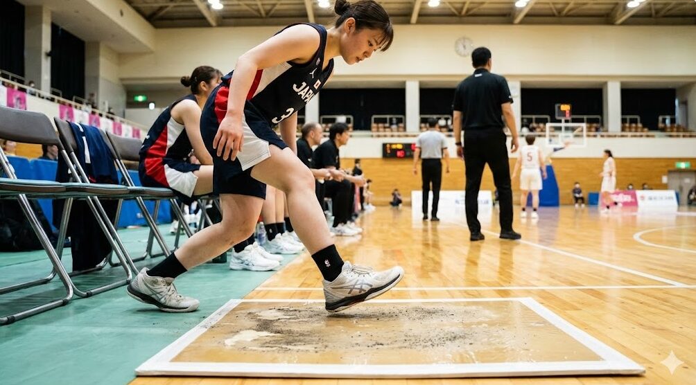 バスケットボールコートのベンチ前で、選手が専用の粘着シート（シューダスターボード）を踏んでバッシュの汚れを取っているシーン。