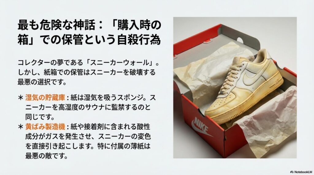 箱の中で黄ばんだナイキのスニーカー画像。紙箱は湿気の貯蔵庫であり、酸性ガスによって黄ばみを引き起こす「自殺行為」であるという警告。