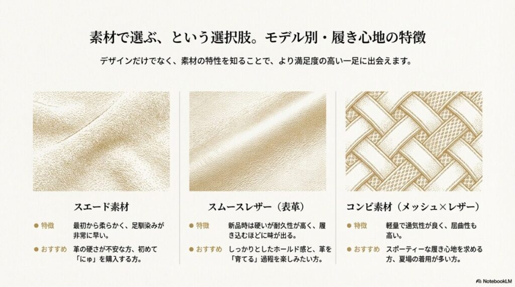 スエード、スムースレザー、コンビ素材それぞれの履き心地や耐久性の違いをまとめた図。