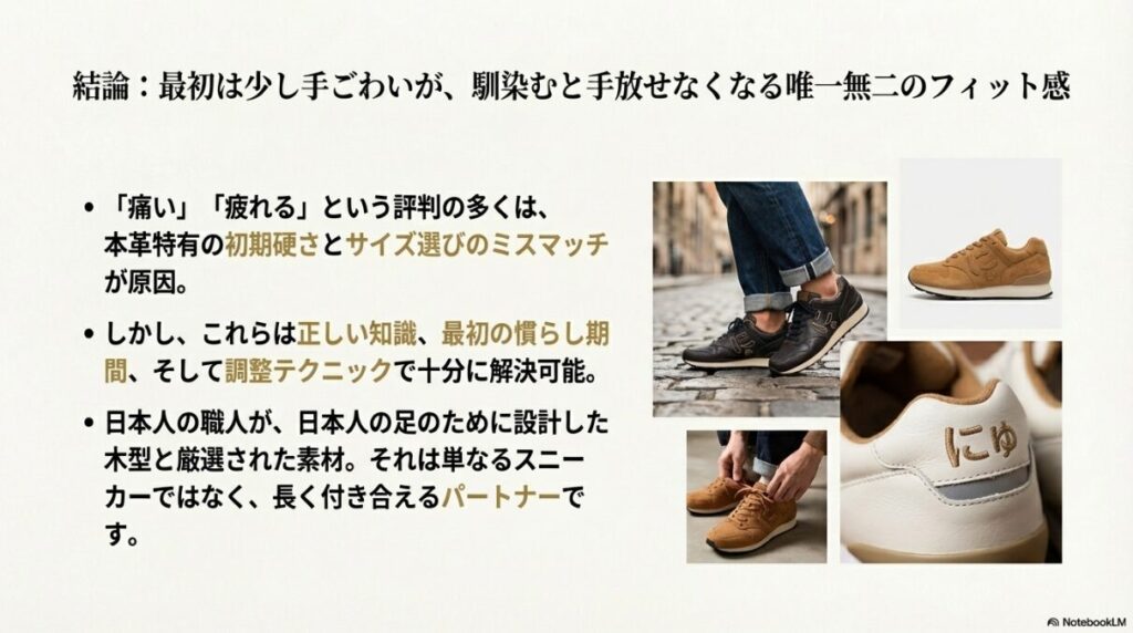 にゅスニーカーの着用イメージ写真と、記事の結論をまとめたスライド。
