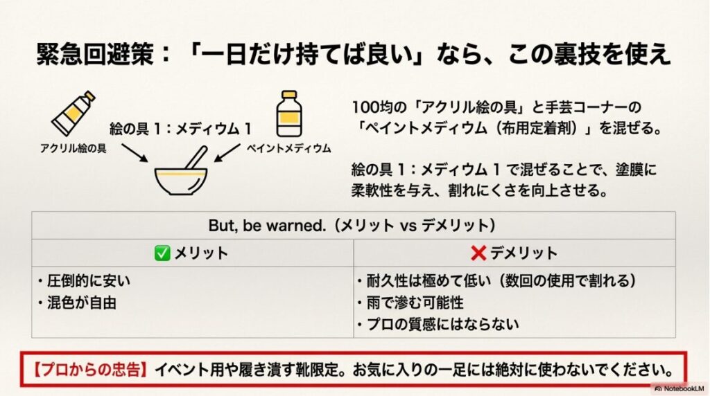 耐久性を上げるために、アクリル絵の具とペイントメディウムを1対1で混ぜる緊急回避策の図解。