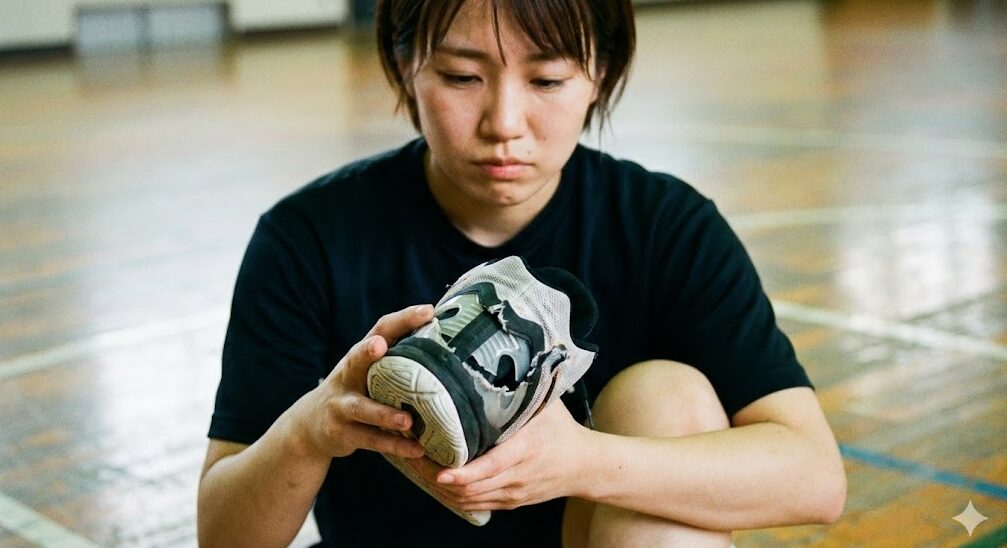 絶対に避けるべきバッシュの「踵踏み」によって、ヒールカウンターが変形し破損してしまった状態。