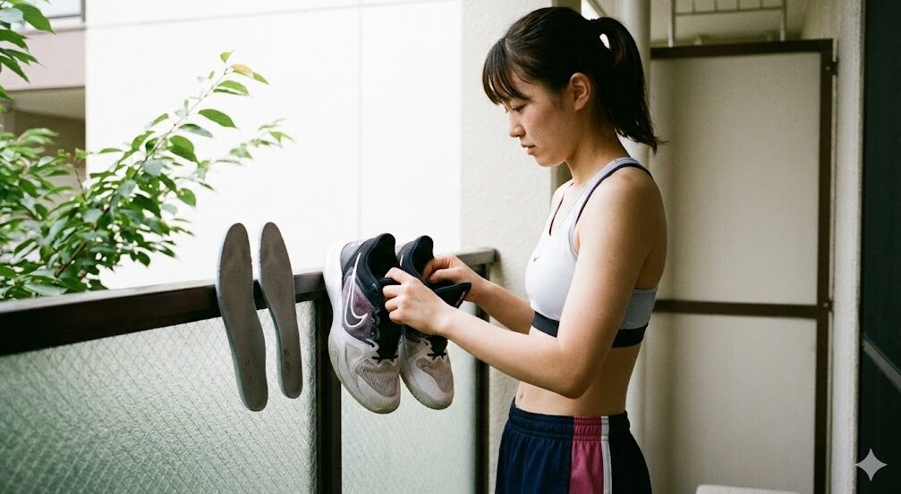 練習後のバッシュの正しい陰干し方法。インソールを外し、ベロを広げて風通しの良い日陰で乾燥させている様子。