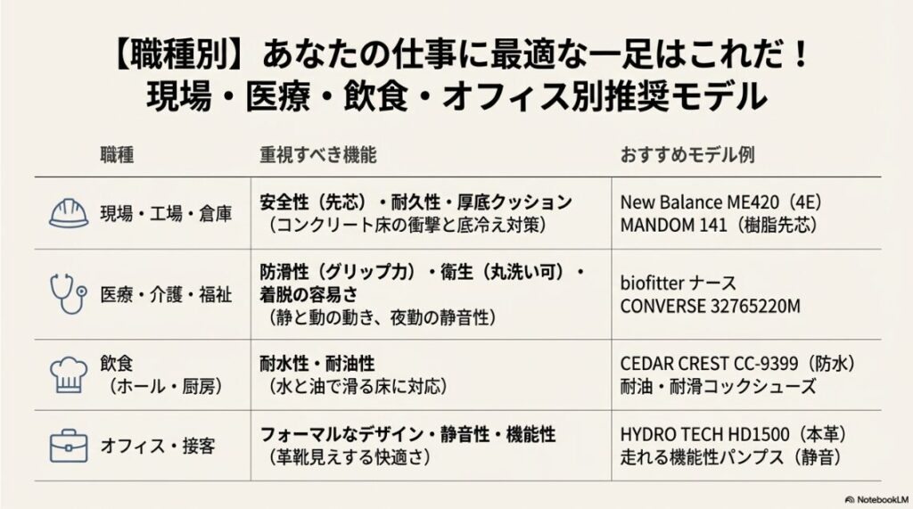 現場・工場、医療・介護、飲食、オフィスのそれぞれの職種に求められる機能と推奨モデルのリスト