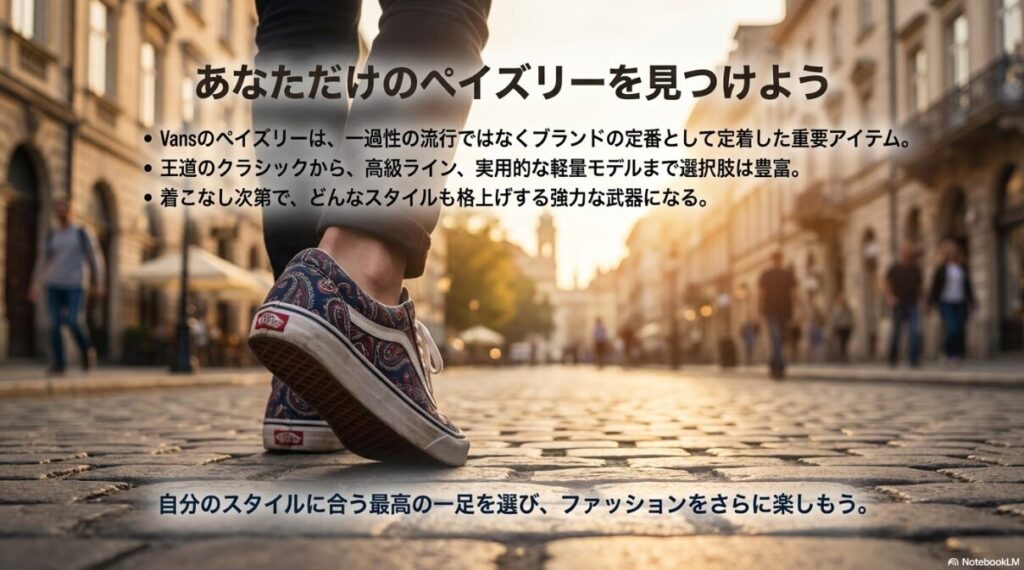 Vansペイズリーが定番であること、ラインナップの豊富さ、スタイルの格上げ効果についての要約メッセージ。