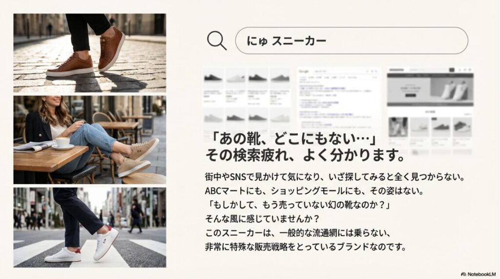 カフェや横断歩道で「にゅ」スニーカーをおしゃれに履きこなしている男女のライフスタイル写真。