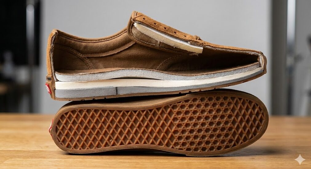 VANSカーバーローの断面写真。ブーツのようなスエードアッパーと、スニーカー仕様のバルカナイズド製法ソール、内部のクッション構造がはっきりと分かる。
