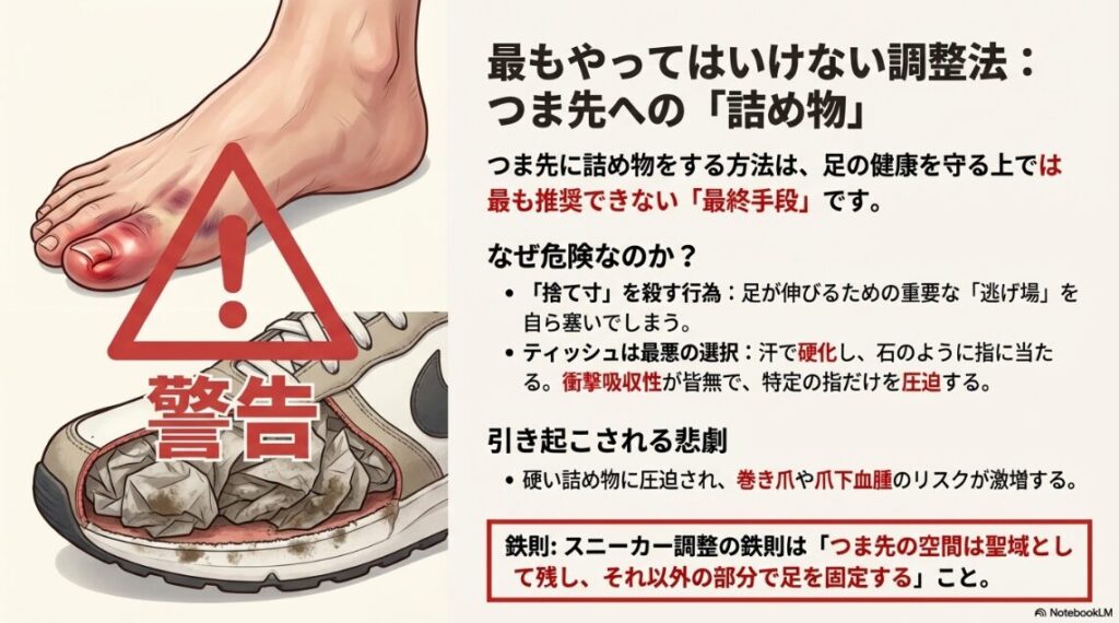 つま先にティッシュなどを詰めると、指が圧迫されて内出血や巻き爪になる危険性を示した警告画像。