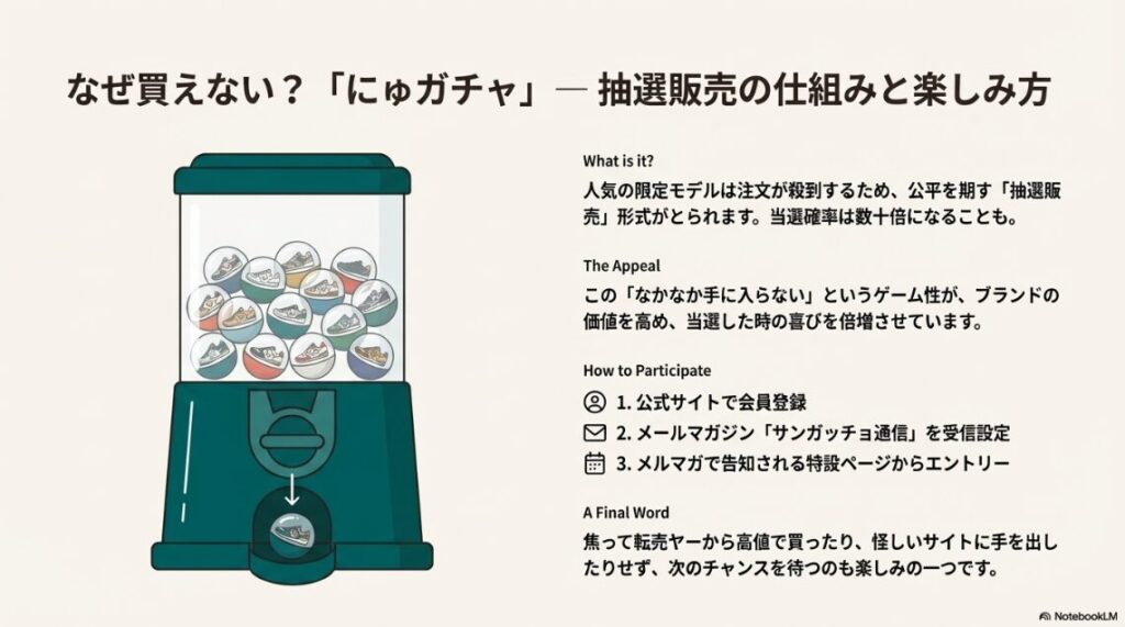 ガチャガチャのマシンに入ったスニーカーのイラスト。抽選販売の仕組みと参加方法（メルマガ登録など）を説明するスライド。