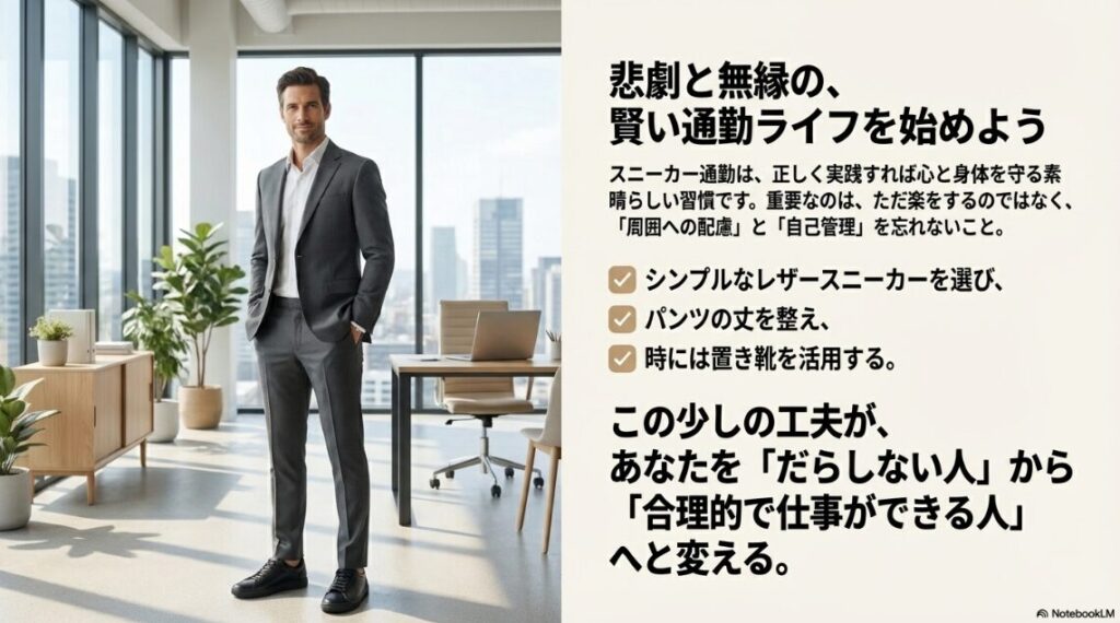 シンプルな黒スニーカーの写真背景に、「悲劇と無縁の、賢い通勤ライフを始めよう」というメッセージが書かれたスライド。