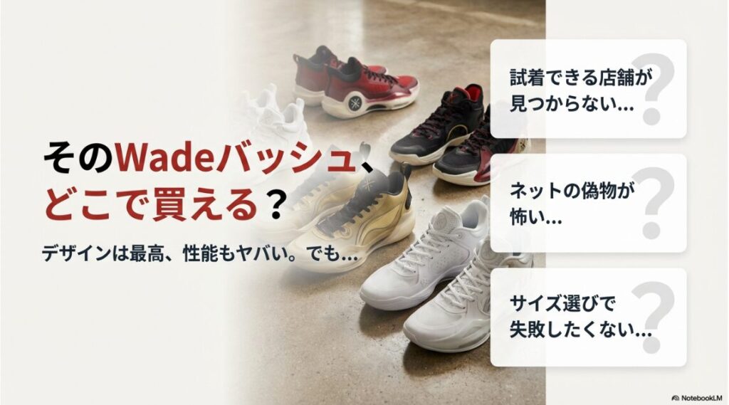 「どこで買える？」「偽物が怖い」「サイズ選びで失敗したくない」という購入者の悩みを示したスライド