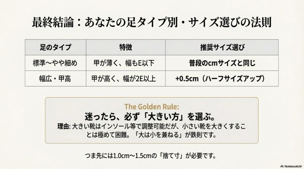 甲の高さや幅の広さに応じて、ジャストサイズか0.5cmアップかを選別するフローチャート。