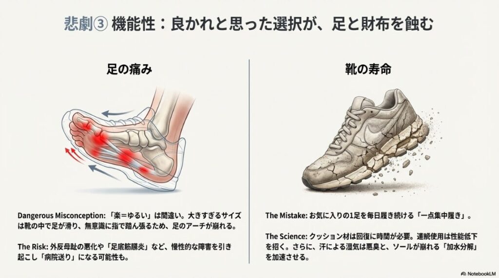合わない靴の中で足の指が曲がっている解剖図と、加水分解でソールがボロボロになったスニーカーのイラスト。
