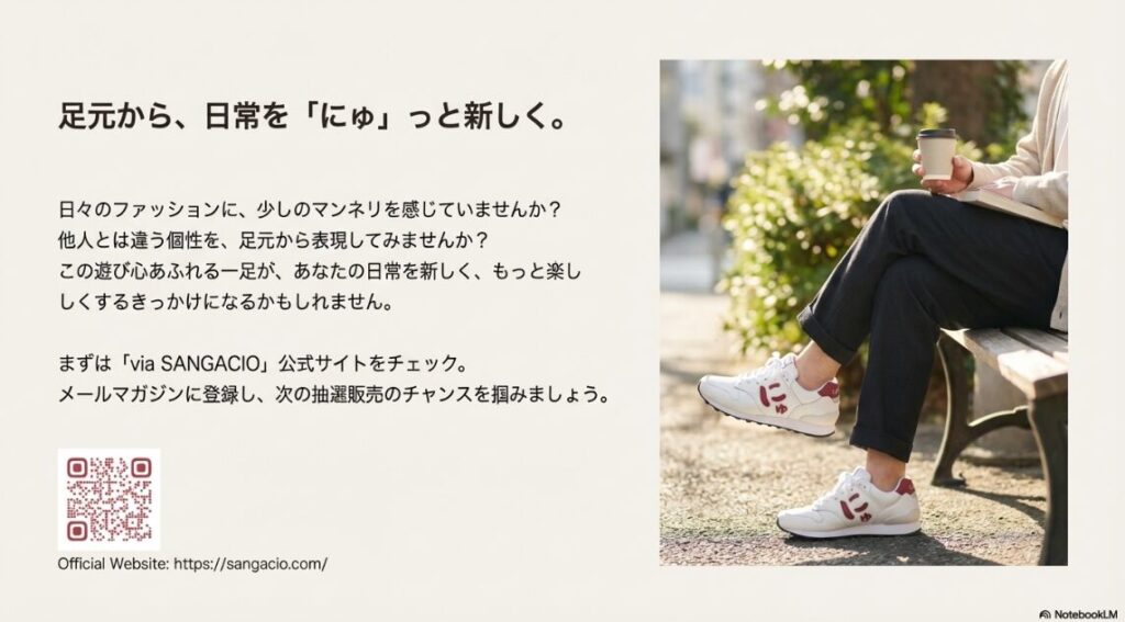 公園のベンチでコーヒーを飲みながらにゅスニーカーを履く男性の写真と、公式サイトへのQRコードが表示されたスライド。