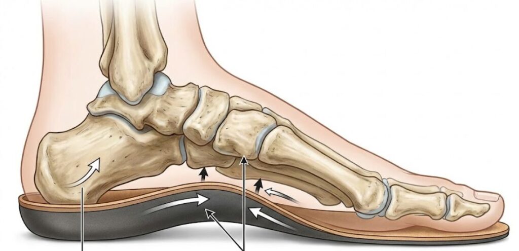 人間の足の骨格と、それを支える機能性インソールの解剖図。インソールの深いヒールカップとアーチサポートがカカトの骨を安定させ、土踏まずの自然なドーム形状を理想的な位置に補正している様子。