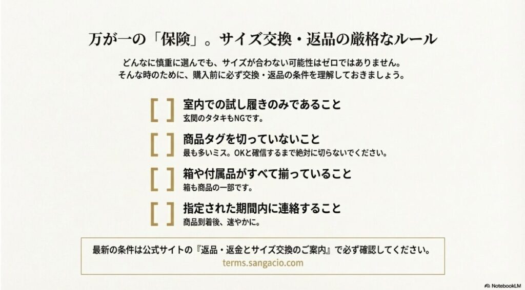 タグを切らない、室内試着のみなど、サイズ交換を受けるために守るべきルールのリスト。