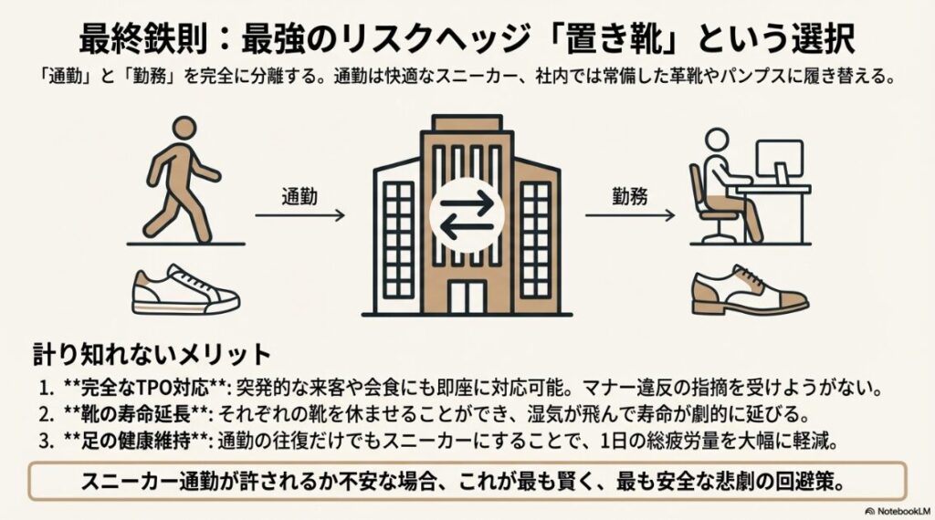 通勤時はスニーカー、オフィスでは革靴に履き替えるサイクルを示したイラスト図解。