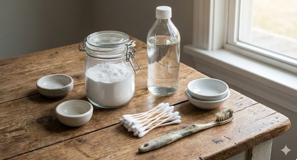 スニーカーのサビ落としに必要な掃除道具（重曹、お酢、小皿、綿棒、歯ブラシ）をテーブルに並べた様子