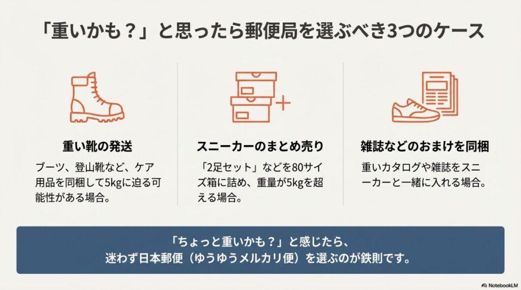 ブーツや登山靴、スニーカーのまとめ売り、雑誌同梱など、重量が5kgを超えてしまいがちな具体的なシチュエーションを示したイラスト。