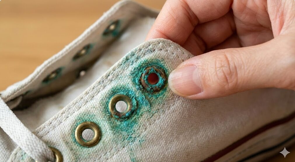 スニーカーの金属製ハトメ周辺に付着した、青緑色の粉状のサビ（緑青）のクローズアップ画像