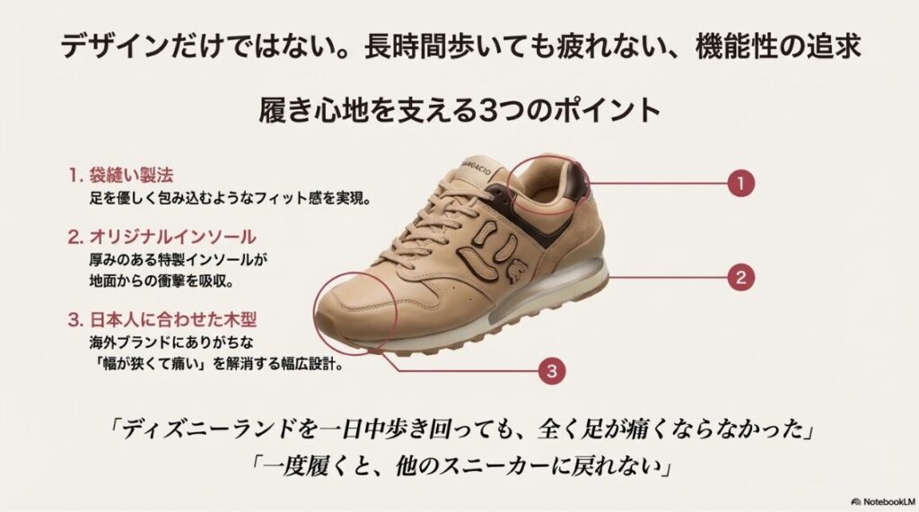スニーカーの解剖図で、袋縫い製法、オリジナルインソール、日本人に合わせた幅広木型の3つのポイントを示した画像。