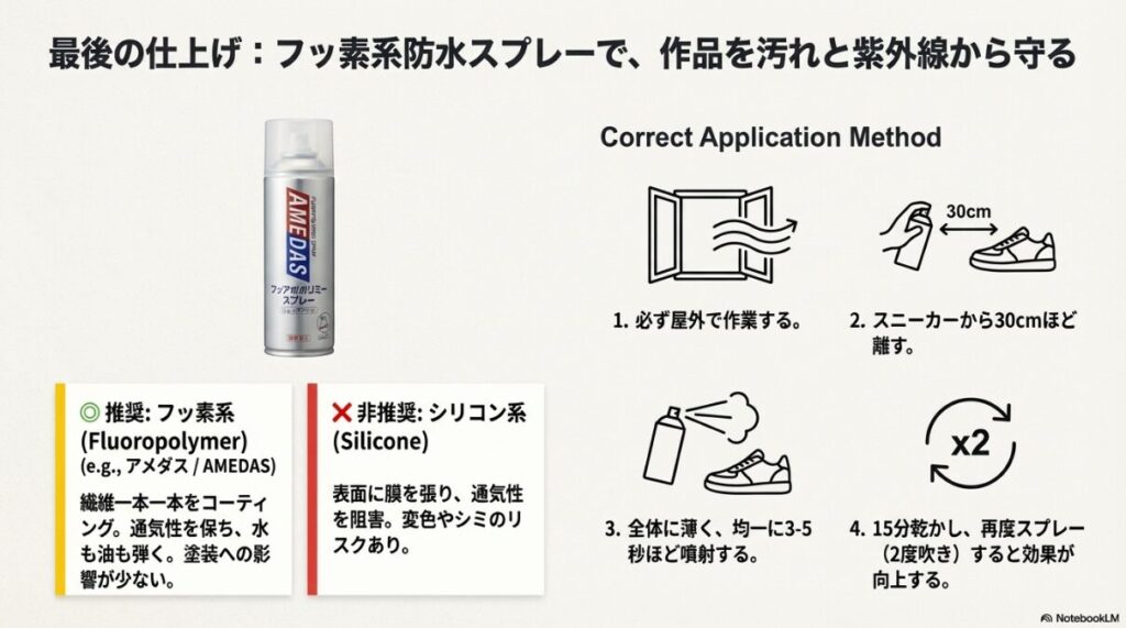 屋外で30cm離してフッ素系防水スプレーをかけ、2度吹きすることで効果を高める手順のイラスト。