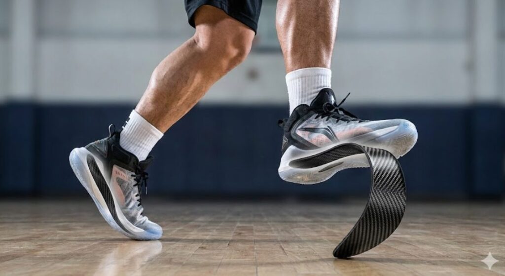 ジャンプの踏み切り動作における日本人バスケットボール選手の足元の様子。シューズ内部が透けて見え、内蔵されたフルレングスのカーボンファイバー製インソールが体重で大きくしなり、強力な板バネとしてエネルギーを蓄えている。