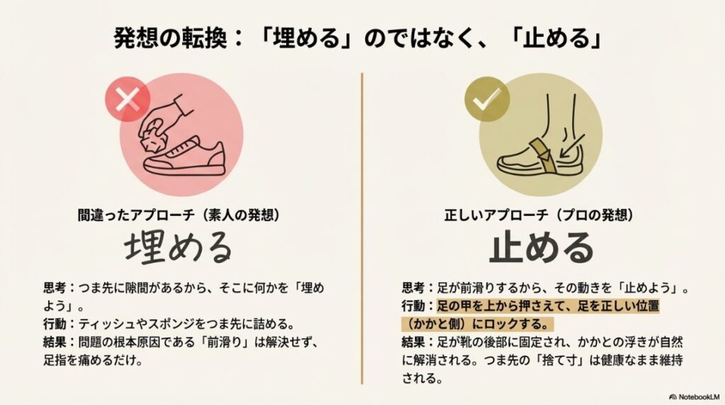 つま先に詰め物をする間違った方法（×）と、甲を押さえてロックする正しい方法（○）を比較したイラスト。