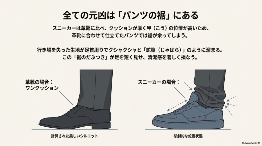 革靴の場合のワンクッションと、スニーカーの場合の裾のダブつき（蛇腹状態）を比較した図解。