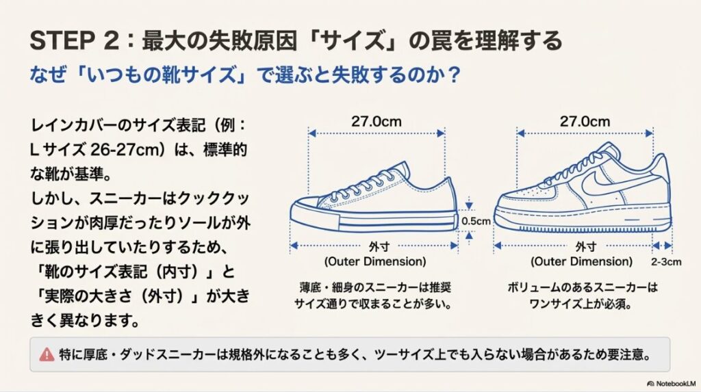 同じ27cmのスニーカーでも、モデルによって外寸が大きく異なり、推奨サイズのカバーに入らない場合があることを示す比較図。