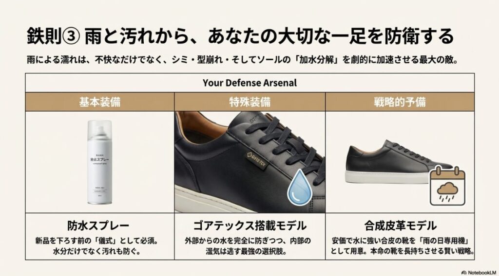 防水スプレー、ゴアテックス、雨用合皮シューズなどの対策グッズを表にまとめたスライド。