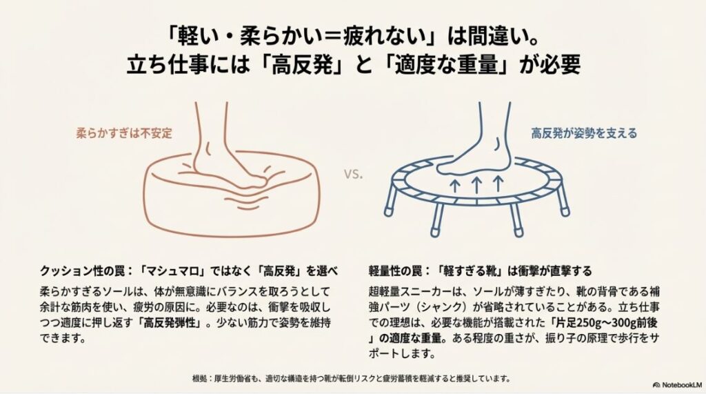 柔らかすぎるソールの不安定さと、高反発素材が姿勢を支えるトランポリン効果、適度な重量の重要性
