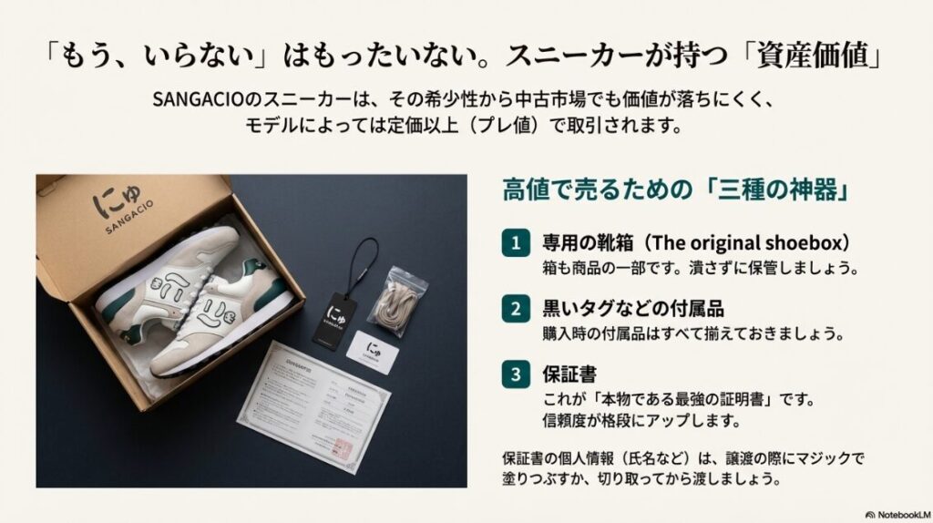 箱に入ったスニーカーと、横に並べられた黒いタグ、保証書、替え紐の写真。中古で高く売るための付属品セット。