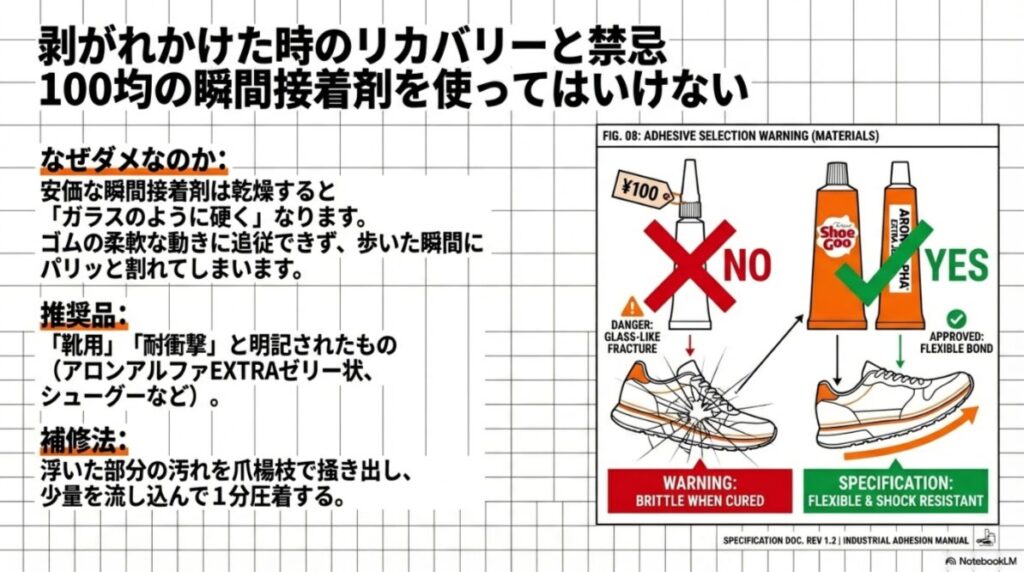 安価な瞬間接着剤が硬化後にガラスのように割れてしまう危険性を示した図
