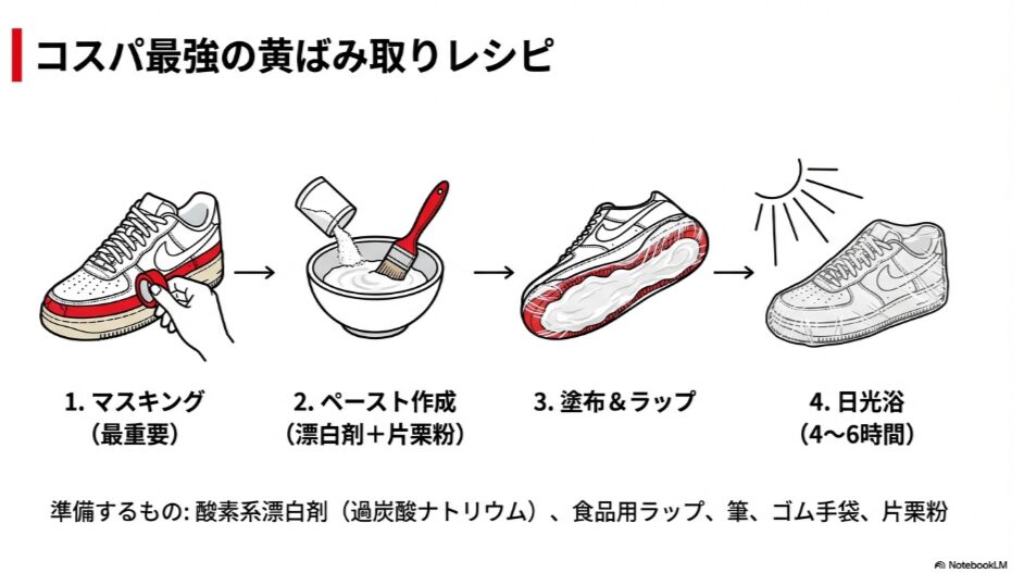 マスキング、漂白ペースト作成、塗布とラップ、日光浴による紫外線照射の工程イラスト