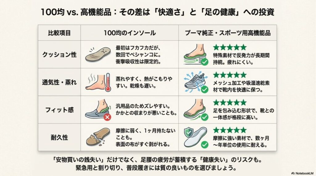 クッション性、通気性、耐久性における100均インソールとメーカー製インソールの比較表