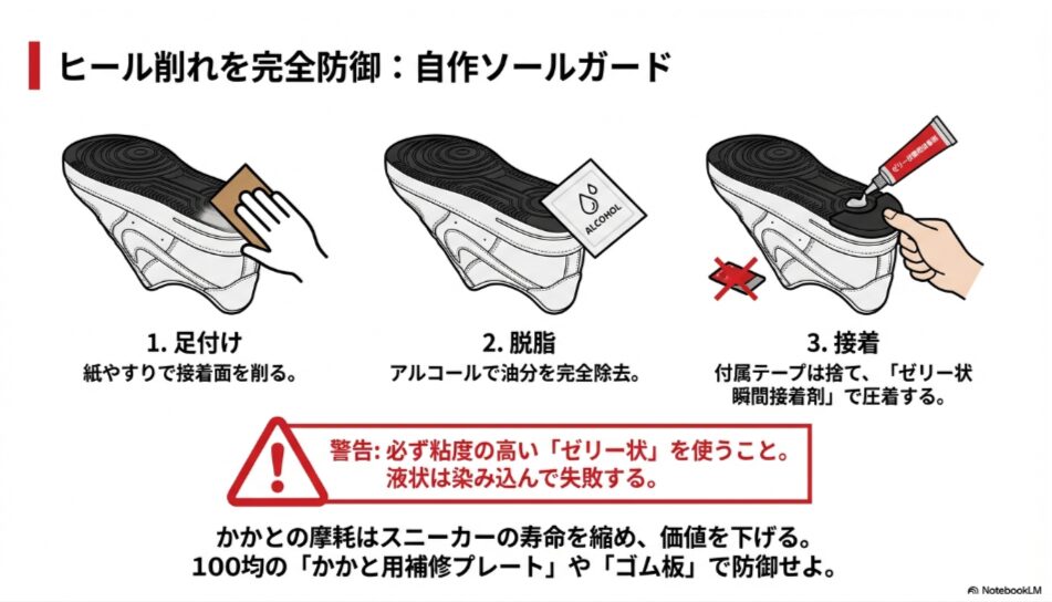 紙やすりでの足付け、脱脂、ゼリー状接着剤を使用したヒールプロテクターの貼り付け手順図