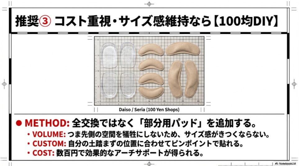 ダイソーやセリアで購入できるジェルパッドやクッションを使用し、土踏まずやカカト部分にピンポイントで貼り付けるDIYカスタムの例。