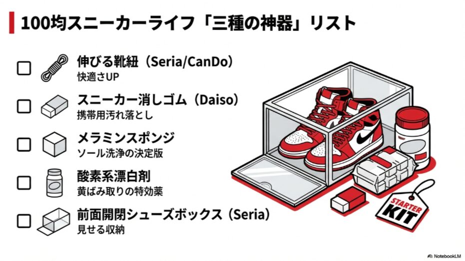記事で紹介した伸びる靴紐、消しゴム、メラミンスポンジ、漂白剤、収納ボックスのまとめリスト一覧