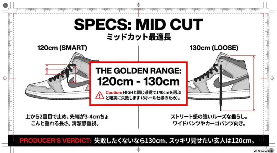 ミッドカットにおける120cmのスマートな垂らしと130cmのルーズな垂らしの比較図