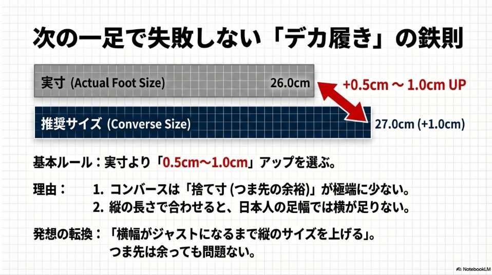 足の実寸（Actual Foot Size）より0.5cmから1.0cmアップを推奨するサイズ選びの基本ルールと、その理由を示した図