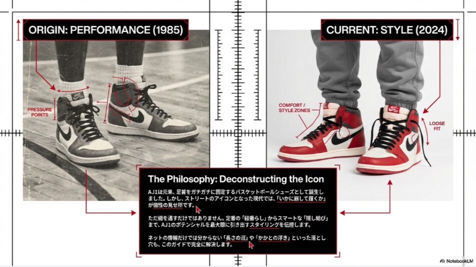 1985年のパフォーマンス仕様と2024年のストリート仕様（ルーズフィット）の比較図解