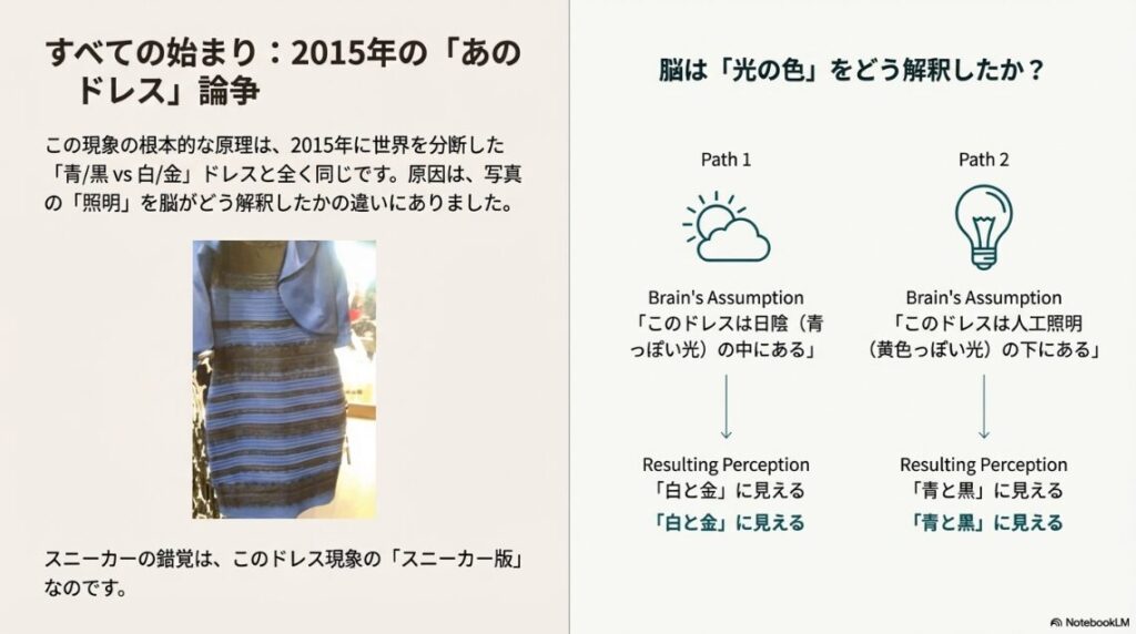 青と黒、または白と金に見えるドレスの写真と、脳が「日陰」と解釈するか「人工照明」と解釈するかによって見え方が変わる仕組みの図解。